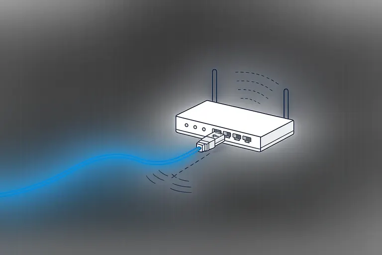 Ethernet cable plugged into a router, Wi-Fi crossed out